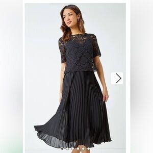 Adrianna Papell Black Lace Top Overlay Pleated Midi Dress Cocktail Prom Size 4